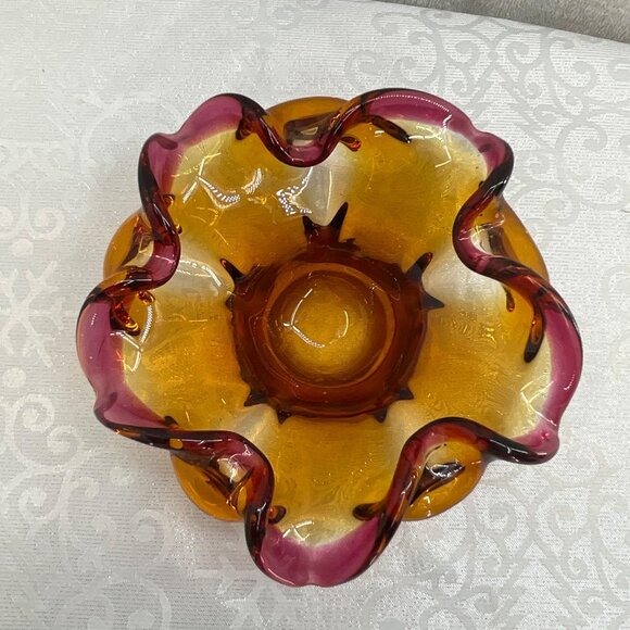 Murano-Style Hand-Blown Glass Amber & Purple Art Ashtray Bowl - Picture 3 of 6
